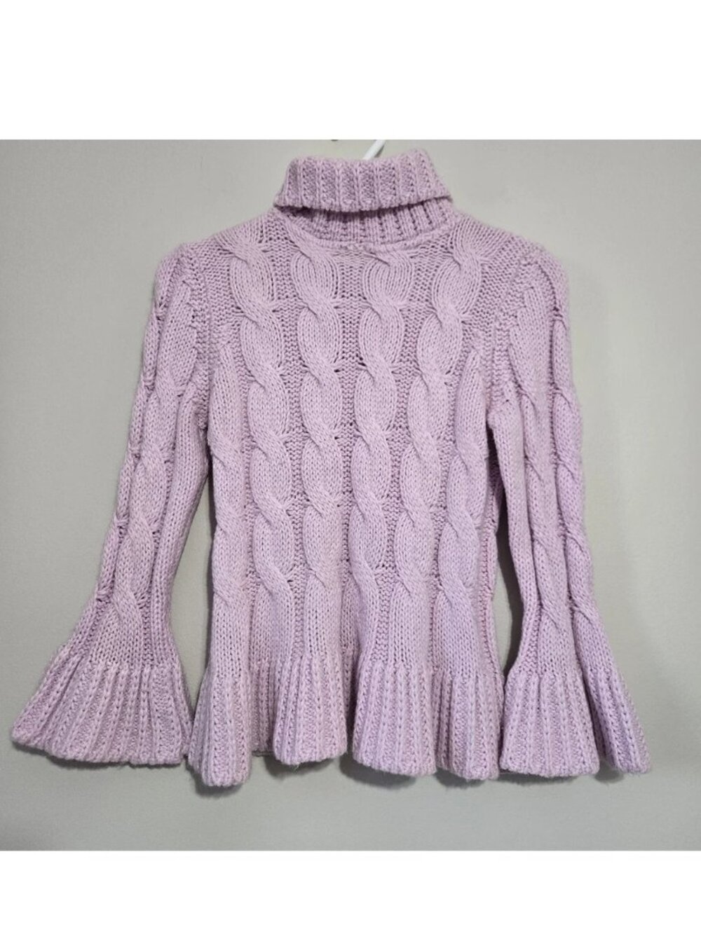 Vintage 1990s Cable Knit Wool Blend Sweater 3/4 Bell Sleeves Pink 1/XS